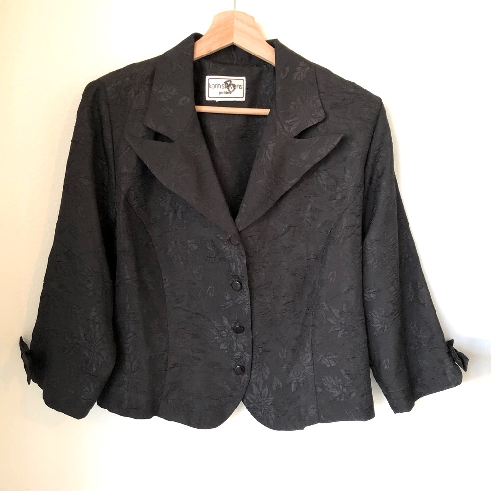 Vintage Karin Stevens Petites 2 Piece Jacquard Dress Suit Black 12P Bow Cuff - Picture 6 of 17